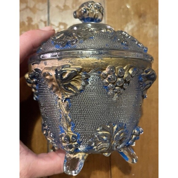 Vintage Jeanette Pink Glass, Footed Candy Bowl w Lid, Grape Design - Picture 9 of 13